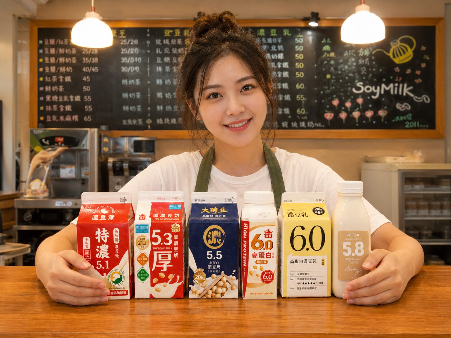 耶濃店內吧台前，六款市售濃豆漿包裝一字排開