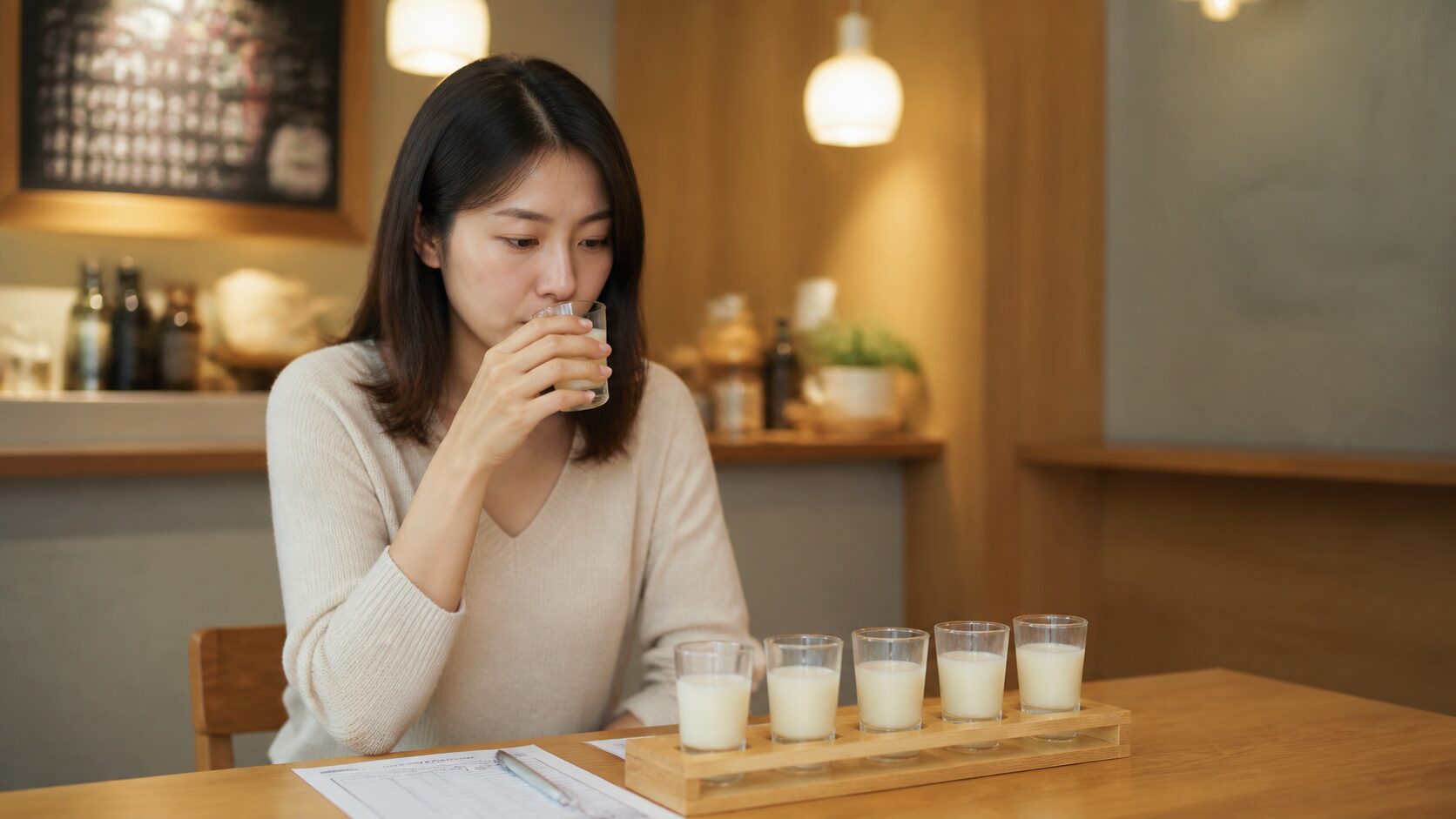 學員在品飲桌前試飲，桌上排著五杯無標籤豆漿與品飲筆記卡